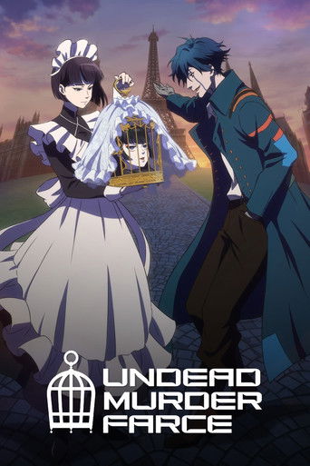 The poster features a dramatic scene with three characters: a woman in a white maid's outfit, a man in a dark coat, and a young boy in a yellow dress. The colors are rich and moody, with deep blues, purples, and warm oranges creating a mysterious and slightly eerie atmosphere. The title "Undead M...