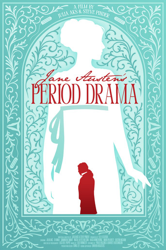 The poster features a silhouette of a woman in period dress against a teal background, with a red figure standing beneath her. The elegant, ornate frame evokes the 18th-century aesthetic of Austen's works, while the muted tones suggest a timeless, romantic drama.