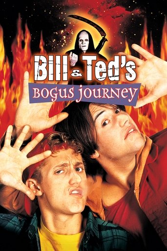 The poster features a fiery, dramatic background with two young men in the foreground, one with a surprised expression and the other looking upward. The title "Bill & Ted's Bogus Journey" is prominently displayed in bold, colorful letters. The overall mood is adventurous and energetic, capturing ...
