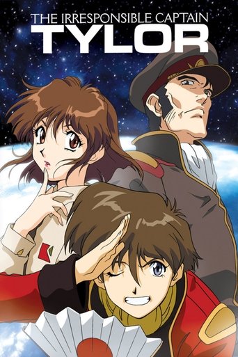 The poster features three animated characters against a starry space backdrop. A young woman with brown hair looks surprised, while a man in a hat and coat stands behind her. In the foreground, a boy with brown hair holds a fan, and another character in red is partially visible. The vibrant color...