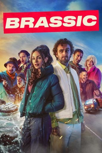 The poster features a vibrant scene with diverse characters in action, set against a dramatic sky. The red "BRASSIC" logo stands out prominently, while the characters exude a sense of adventure and camaraderie. The colors are vivid, capturing the energy of the show.