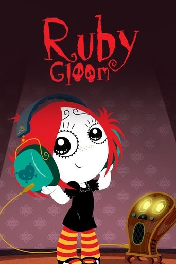 The poster features a chibi-style Ruby Gloom with red hair and a black outfit, holding a green potion bottle. The background is dark purple, and the title "Ruby Gloom" is written in a spooky red font. The mood is eerie and whimsical, capturing the essence of a magical girl character.