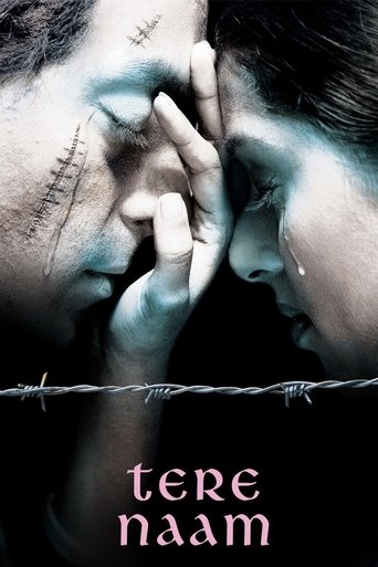 The poster features a somber, close-up shot of two people with stitched faces, suggesting trauma or illness. Their faces are painted with pale blue tones, and a barbed wire runs across the bottom, symbolizing danger or confinement. The title "Tere Naam" appears in pink at the bottom, hinting at a...