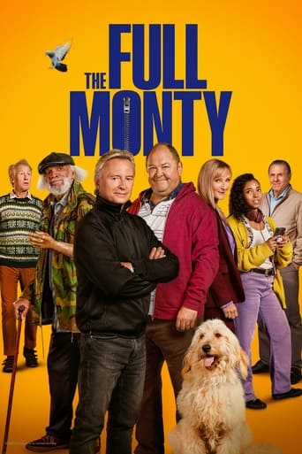 The Full Monty poster features a vibrant yellow background with the title in bold blue letters. A group of diverse characters stands confidently, exuding a lively and humorous atmosphere. The playful expressions and dynamic poses create an engaging and entertaining visual that captures the essenc...