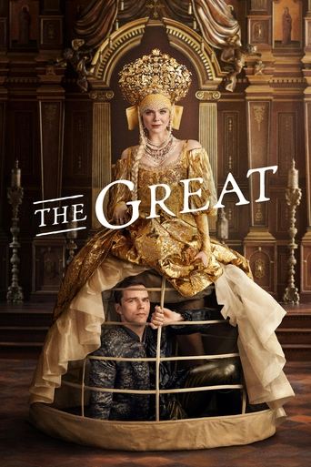 The poster features a regal queen in ornate gold and white attire, exuding authority, with a man in a dark suit peeking out from behind a throne-like structure. The rich, warm tones of the background and clothing create an atmosphere of grandeur and historical drama.