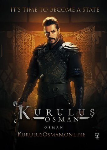 The poster features a determined man in ornate armor, exuding strength and authority. Warm, golden lighting casts dramatic shadows, creating an intense and epic atmosphere. The title "Kuruluş Osman" is prominently displayed, emphasizing the show's historical and dramatic themes.