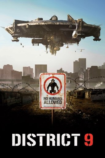 The poster depicts a dystopian scene with a massive alien ship hovering over a cityscape, evoking a sense of alien invasion and danger. The muted, desaturated colors suggest a bleak, post-apocalyptic atmosphere. A "No Human Allowed" sign stands prominently, symbolizing the exclusion of humanity f...