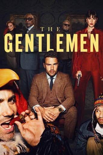 The poster features a dramatic scene with six men in period costumes, each holding a gun, suggesting a crime drama. The central figure in a brown suit dominates the frame, while others stand in the background in muted tones. The color palette is dark with accents of red and gold, evoking a noir a...