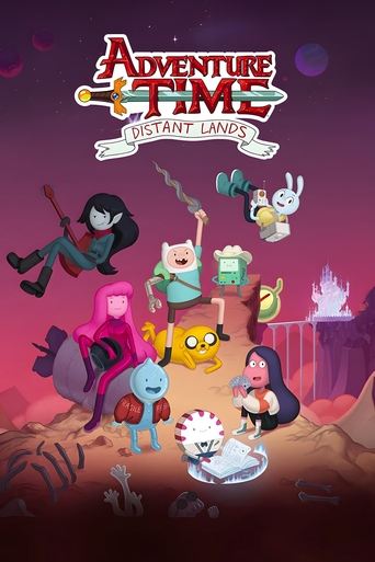 This vibrant poster showcases the beloved characters from Adventure Time in their iconic "Distant Lands" setting. The scene features a lively group of animated characters in a fantastical landscape with purple hues and glowing elements. The mood is adventurous and whimsical, capturing the essence...