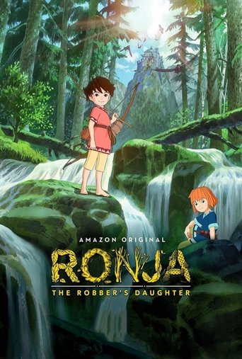 The poster features a young girl with brown hair in a forest, holding a staff, standing on mossy rocks. Another girl with orange hair sits nearby, looking up. The scene is vibrant with greens and browns, conveying a mysterious and adventurous mood. The title "Ronja, the Robber's Daughter" is prom...