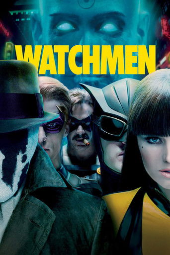 The poster features four characters against a dark, moody background with glowing blue eyes. The title "WATCHMEN" is prominently displayed in bold yellow letters. The mood is mysterious and intense, hinting at a high-stakes action thriller.