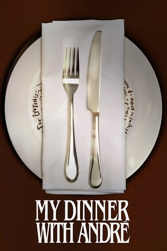 The poster features a minimalist dining scene with a white napkin, silverware, and a patterned plate against a warm brown background. The text "My Dinner with Andre" is prominently displayed at the bottom, suggesting a cozy, intimate dinner setting. The overall mood is calm and inviting, evoking ...