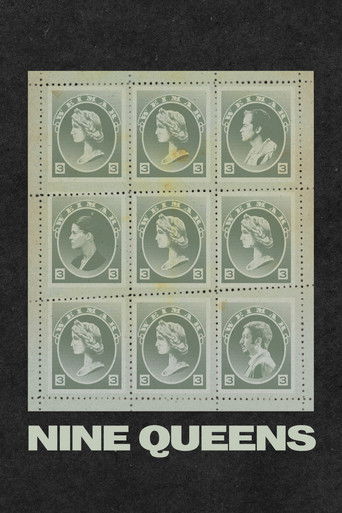 The poster features a grid of nine vintage postage stamps, each depicting a Queen in profile against a muted green background. The title "NINE QUEENS" is boldly printed at the bottom in white capital letters. The overall mood is nostalgic and regal, evoking a sense of historical significance and ...