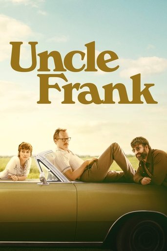 The poster features three men relaxing in a vintage car against a bright, sunny sky. The warm golden tones of the car and the men's clothing evoke a nostalgic, relaxed atmosphere. The title "Uncle Frank" is prominently displayed in bold, golden letters at the top.