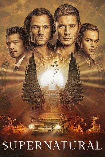The poster features four men in dramatic poses against a fiery, golden background. A glowing orb with wings dominates the center, symbolizing power and mystery. The warm tones of orange and gold evoke an intense, supernatural atmosphere. The title "Supernatural" is prominently displayed at the bo...