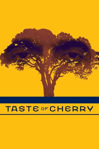 This poster features a stylized tree silhouette against a vibrant yellow background, evoking a sense of nature and warmth. The bold black text "TASTE OF CHERRY" anchors the composition, suggesting a culinary journey. The overall mood is inviting and nostalgic, promising an experience that blends ...