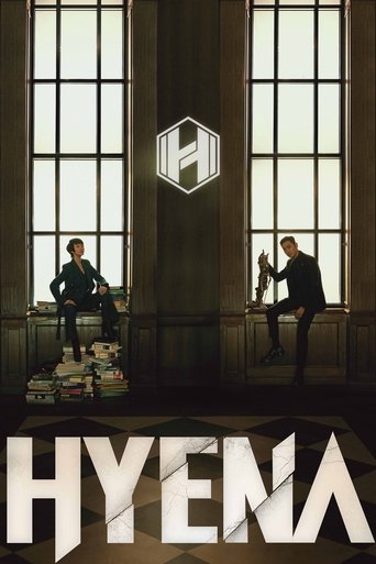The poster features two silhouetted figures in a dimly lit room with large windows, creating a mysterious and suspenseful atmosphere. The word "HYENA" is prominently displayed at the bottom in bold, white letters, emphasizing the show's title. The overall mood is dark and intriguing, hinting at a...