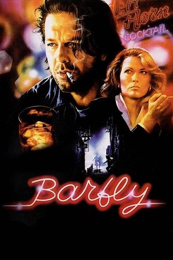 The poster features a dramatic scene with a man in a dark jacket holding a cigarette and a woman in a white dress, both exuding mystery and tension. The background is dark with hints of red and orange, creating a moody atmosphere. The title "Barfly" glows in neon red against the dark backdrop, em...