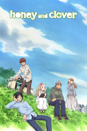 The poster features a serene pastoral scene with five characters enjoying a sunny day in a lush green field. The warm golden sunlight bathes the characters in a peaceful, nostalgic atmosphere, evoking feelings of happiness and simplicity. The soft pastel colors and gentle expressions capture the ...