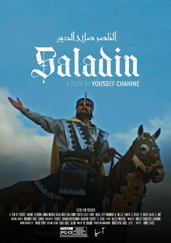 The poster features a powerful scene of a man in medieval armor riding a horse against a bright blue sky. The title "Saladin" is prominently displayed in elegant white lettering. The overall mood is one of historical grandeur and epic adventure, evoking the legendary warrior of the Crusades.