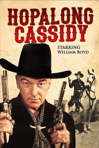 The poster features a stern cowboy with a black hat and two guns, set against a sepia-toned background. The title "Hopalong Cassidy" is prominently displayed in bold red letters, with "Starring William Boyd" noted below. The overall mood is rugged and dramatic, capturing the essence of the classi...