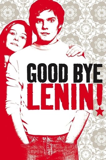 The poster features a striking red and white design with a man in a white shirt and a woman in the background, both exuding a sense of nostalgia and melancholy. The bold text "GOOD BYE LENIN!" dominates the center, evoking a sense of farewell and historical significance. The overall mood is one o...