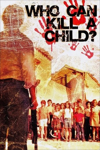 The poster features a lone figure in a dark vest against a fiery, golden background, while a group of children gathers in the foreground. The intense red handprints and bold text convey a sense of danger and urgency, evoking a suspenseful and thrilling atmosphere.