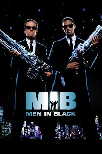 The poster features two men in black suits holding futuristic weapons against a starry backdrop. The bold "MB" logo and "Men in Black" text dominate the center, with city lights at the bottom suggesting an urban setting. The dark, sleek design conveys a sense of mystery and action.