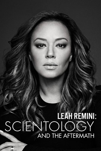 The poster features a striking black-and-white portrait of Leah Remini against a dark background. The title "Leah Remini: Scientology and the Aftermath" is prominently displayed in bold white text, emphasizing the show's focus on her life and legacy. The overall mood is somber and reflective, cap...