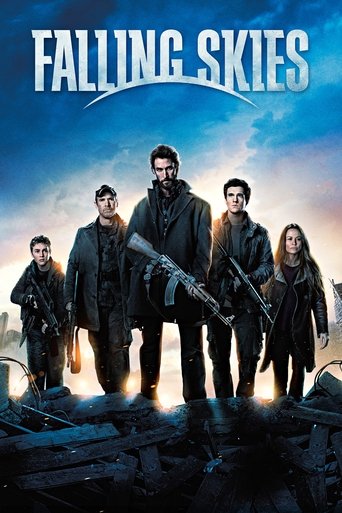 The poster features six characters in dark, rugged clothing against a dramatic sky transitioning from deep blue to fiery orange. They stand confidently with weapons, exuding a sense of readiness and determination. The overall mood is intense and action-packed, capturing the gritty atmosphere of t...
