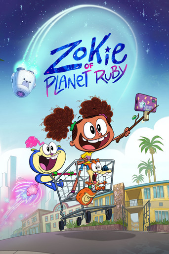 This vibrant poster showcases Zokie and Planet Ruby in a cheerful scene, with Zokie driving a shopping cart filled with colorful items. The bright blue sky and palm trees evoke a playful, sunny mood.