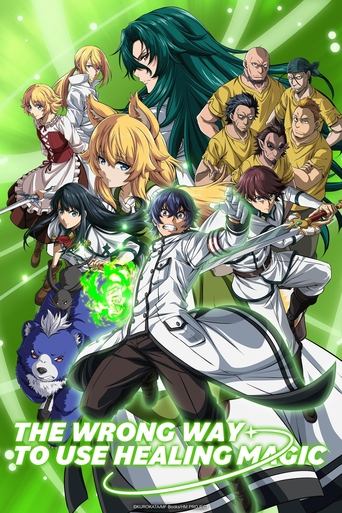 This vibrant anime poster features a dynamic group of characters in colorful, action-oriented poses against a bright green background. The mood is energetic and adventurous, with characters exuding confidence and determination. The title "The Wrong Way to Use Healing Magic" is prominently display...