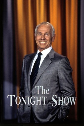 The image features Johnny Carson in a sharp suit against warm, golden curtains, radiating elegance and confidence. The text "The Tonight Show" is prominently displayed in elegant white lettering, emphasizing the show's iconic status. The overall mood is sophisticated and inviting, capturing the e...