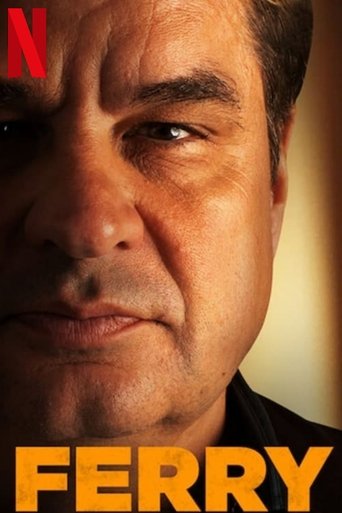 The poster features a close-up of a man's face, with warm lighting and a serious expression. The bold yellow text "FERRY" dominates the bottom, evoking a sense of mystery and intrigue.