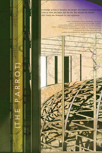 The Parrot poster features a hauntingly beautiful scene of a parrot perched on a wire fence, surrounded by stark green and yellow tones. The mood is eerie and mysterious, evoking a sense of isolation and suspense.