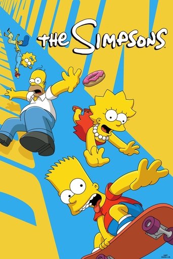 The Simpsons poster features Homer, Marge, Bart, and Lisa in dynamic poses against a vibrant yellow background. The characters are depicted with exaggerated expressions of excitement and energy, capturing the show's lively and humorous tone. The bright colors and energetic composition evoke a sen...
