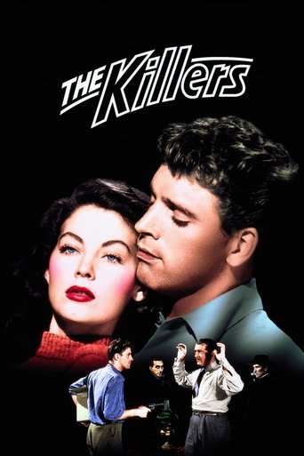 The poster features a dramatic scene with a man and woman in close proximity, their faces illuminated against a dark background. The title "The Killers" is prominently displayed at the top in bold, stylized lettering. The overall mood is intense and suspenseful, with rich reds and blacks creating...
