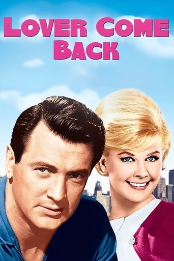 The poster features two iconic actors, one with dark hair and the other with blonde hair, set against a bright blue sky. The title "LOVER COME BACK" is prominently displayed in bold pink letters at the top. The overall mood is nostalgic and romantic, evoking a classic film era feel.