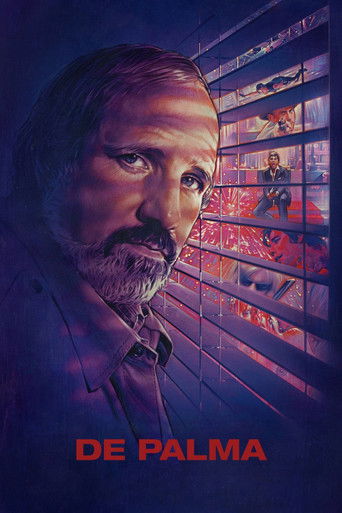 The poster features a close-up of a man with a contemplative expression, framed by the blurred, colorful lights of a cityscape through a window. The deep purple and blue tones evoke a mysterious and slightly ominous atmosphere, while the bold red text "DE PALMA" anchors the image with a sense of ...