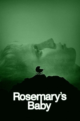 The poster features a ghostly figure of a woman in a green tint, with a small bird perched on a dark silhouette. The title "Rosemary's Baby" is prominently displayed in white text at the bottom. The eerie and mysterious atmosphere evokes a sense of suspense and horror.