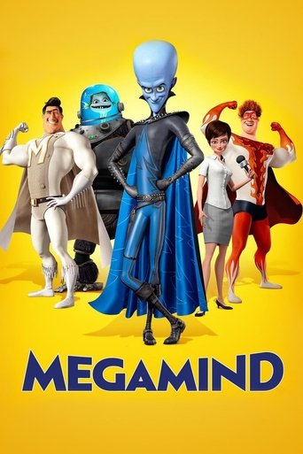 A vibrant yellow background features four animated characters in dynamic poses, each with unique costumes and expressions. The central figure, Megamind, stands confidently in a blue suit, flanked by others in colorful outfits. The poster exudes energy and creativity, capturing the essence of the ...