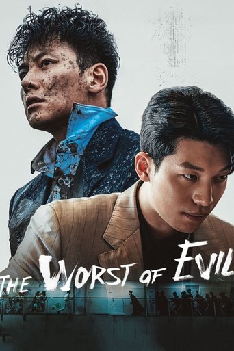 The poster features two men in dramatic poses against a dark, moody background. One man wears a blue shirt while the other dons a tan jacket, both exuding an eerie, supernatural atmosphere. The title "The Worst of Evil" is prominently displayed in bold, white lettering, evoking a sense of horror ...