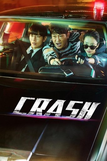 The poster features three characters in a high-speed car, with dramatic lighting and motion blur conveying urgency. The bold "CRASH" text in metallic letters emphasizes the film's intense action. The overall mood is thrilling and suspenseful, capturing the essence of a high-stakes chase.