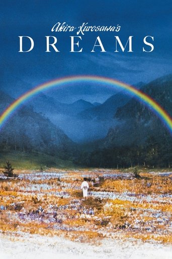 The poster features a lone figure walking through a vibrant, sunlit meadow under a dramatic rainbow arching over misty mountains. The warm golden hues contrast with the cool blues of the sky, evoking a sense of serene freedom and inner peace.