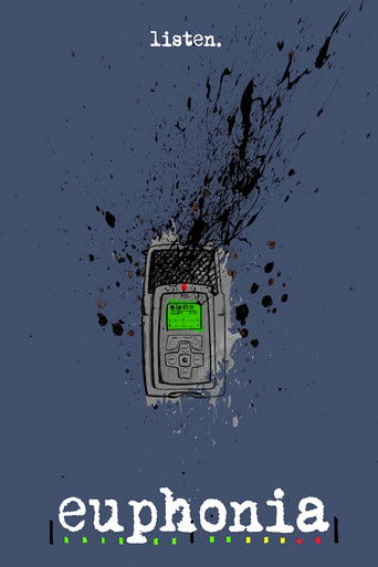 The poster features a cracked, shattered phone against a dark blue background, with the word "listen" floating above. The muted tones and shattered imagery evoke a sense of disruption and emotional turmoil.
