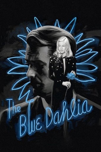 The poster features a striking black-and-white illustration of a man and woman in a dramatic pose against a dark background. Neon blue outlines their faces and forms a radiant halo effect, creating a mysterious and ethereal atmosphere. The title "The Blue Dahlia" glows in a glowing blue font at t...