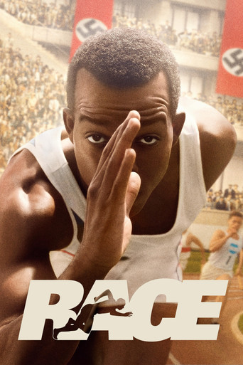 The poster features a muscular African American man in a white tank top, his hand raised to his face in a dramatic pose. The background shows a crowded stadium filled with spectators, suggesting an intense race. The bold, white "RACE" text dominates the foreground, conveying urgency and excitemen...
