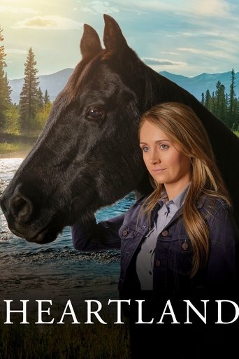 The poster features a young woman with long blonde hair standing beside a majestic black horse, set against a serene mountainous landscape with pine trees and soft lighting. The title "HEARTLAND" is prominently displayed in bold white letters at the bottom, evoking a sense of connection between n...