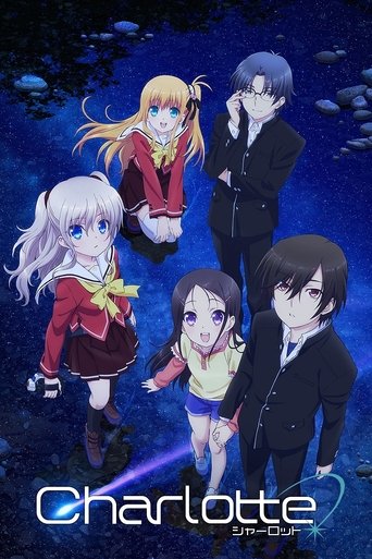 The poster features five anime-style characters against a starry night sky, evoking a magical, dreamlike atmosphere. The characters are dressed in colorful, period-appropriate outfits, with warm tones contrasting the deep blue background. The title "Charlotte" is prominently displayed at the bott...