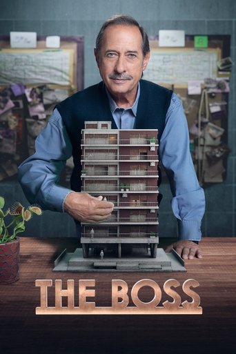 A middle-aged man with a mustache stands behind a wooden desk, holding a stack of office cubicles. The scene is warmly lit with a cozy, professional atmosphere. The poster features bold, golden text at the bottom reading "THE BOSS," suggesting a corporate or leadership-themed show.